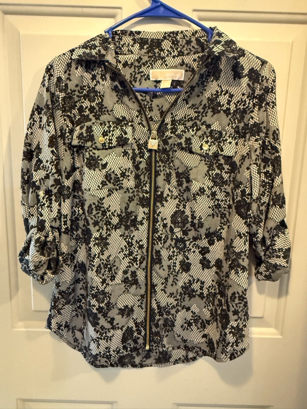 Michael Kors Black & White Floral Zip-Front Utility Shirt